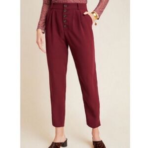 Anthropologie  Sasha Button Fly Burgundy Tapered Trousers Size 12 UK 16
